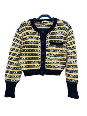 Zara Knit Cropped Sweater Sz S Blue Yellow Alpaca Wool Acrylic Blend Button Up
